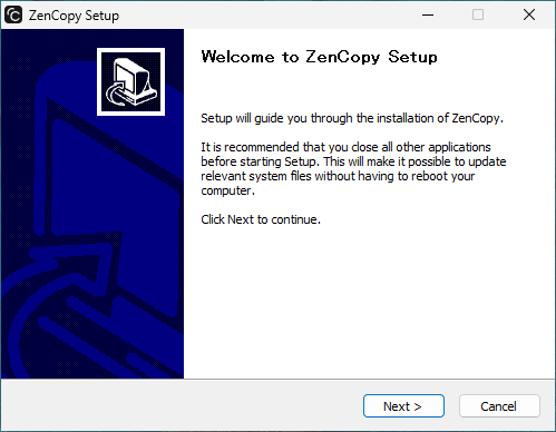 「Welcome to ZenCopy Setup」の画面。右下に「Next」のボタンがある